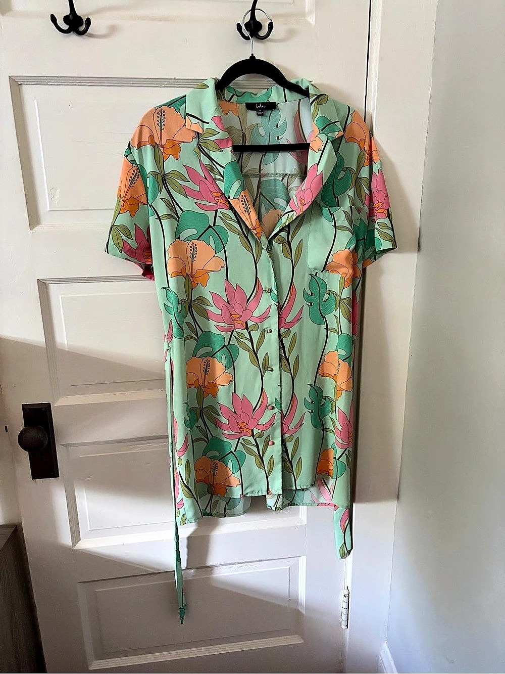 Lulus Floral Button Down Shirt Dress in Green & Pink Size Medium